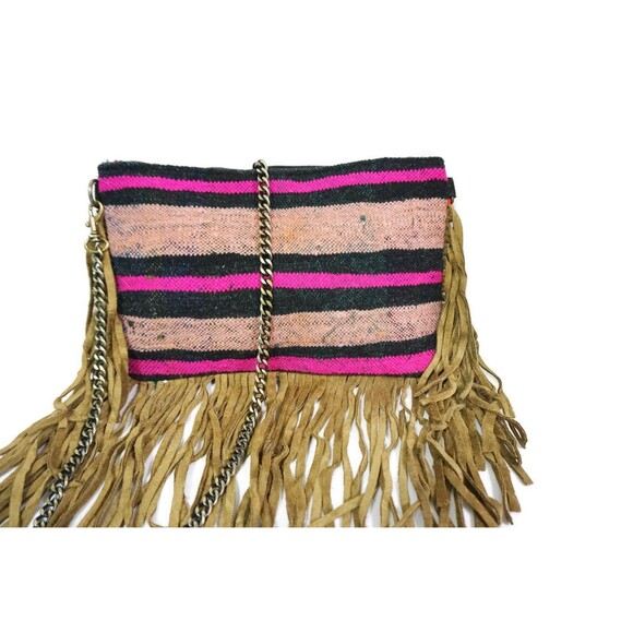 Moroccan Vintage Bag Suede Leather Fringe Clutch Kilim Rug - Picture 2 of 9